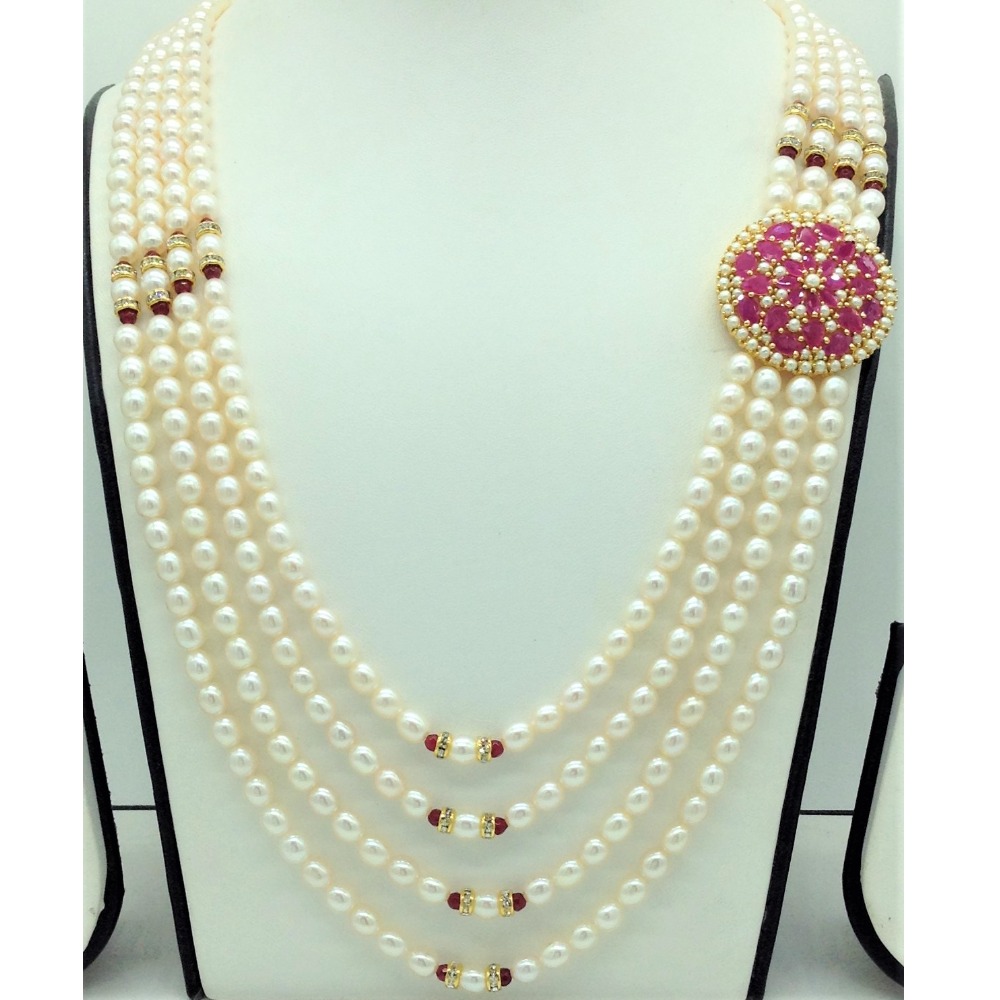 Pearls and Red CZ Brooch Set With 4 Lines Oval Pearls Mala JPS0721