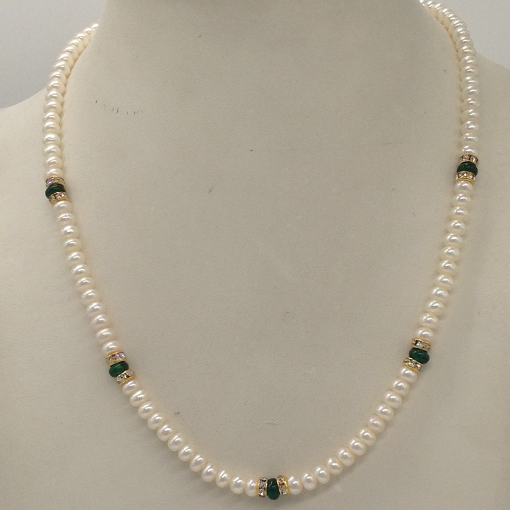 white flat pearls single layer mala with green semi beeds jpm0351