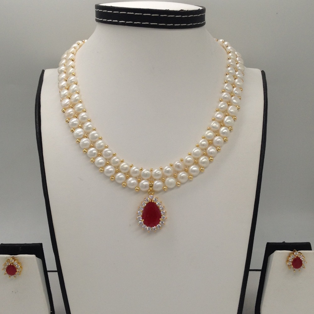 White;red cz pendent set with 2 line button pearls mala jps0259