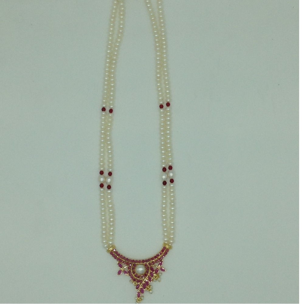 Red Cz Pendent Set With 2 Line Flat Pearls Mala JPS0746
