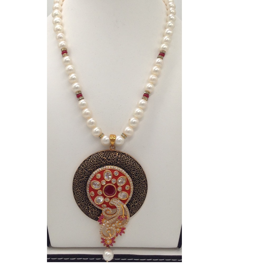 White, red cz pendent set with 1 line round pearls jps0299