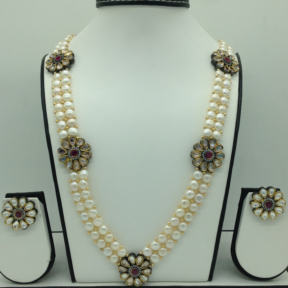 White cz and kundan broach set with button jali pearls mala jps0580