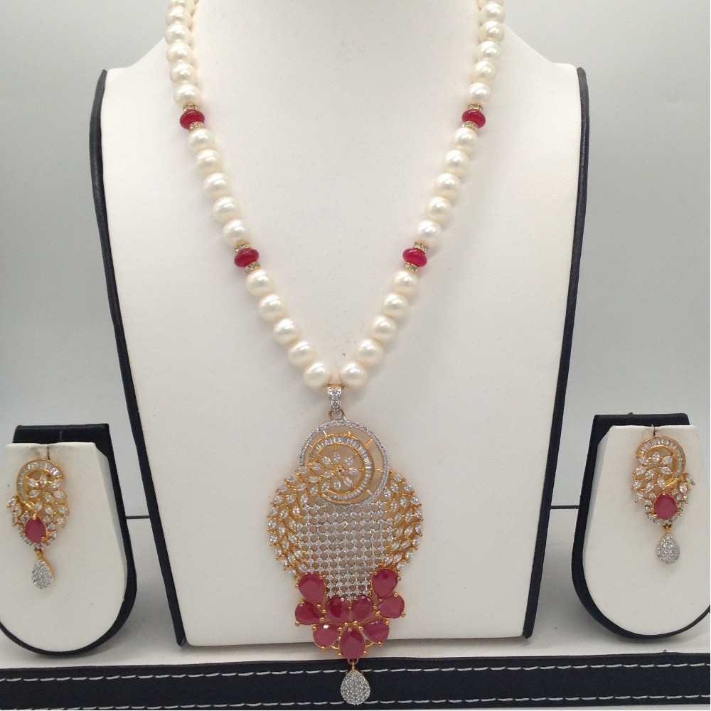 White;red cz pendent set with 1 line round pearls jps0296