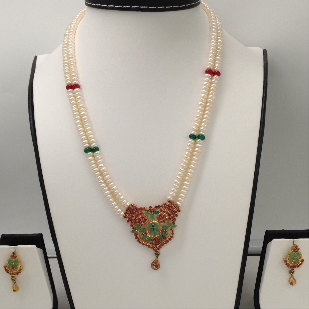 Red And Green CZ Pendent Set With 2 Layers Pearls Mala JPS0092