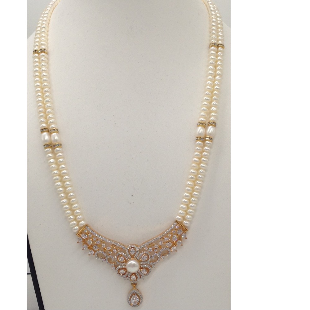 White cz pendent set with 2 line flat pearls mala jps0312