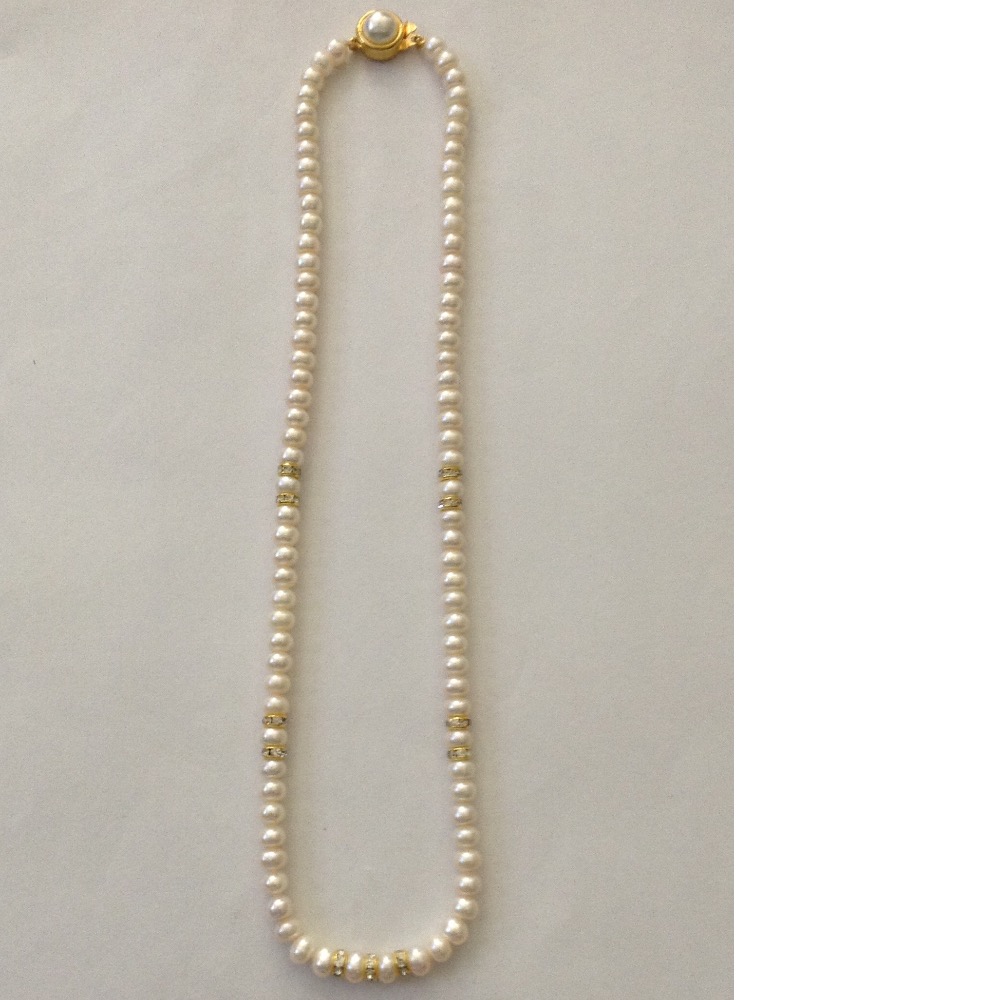 Freshwater white flat pearls strand with cz chakri JPM0093