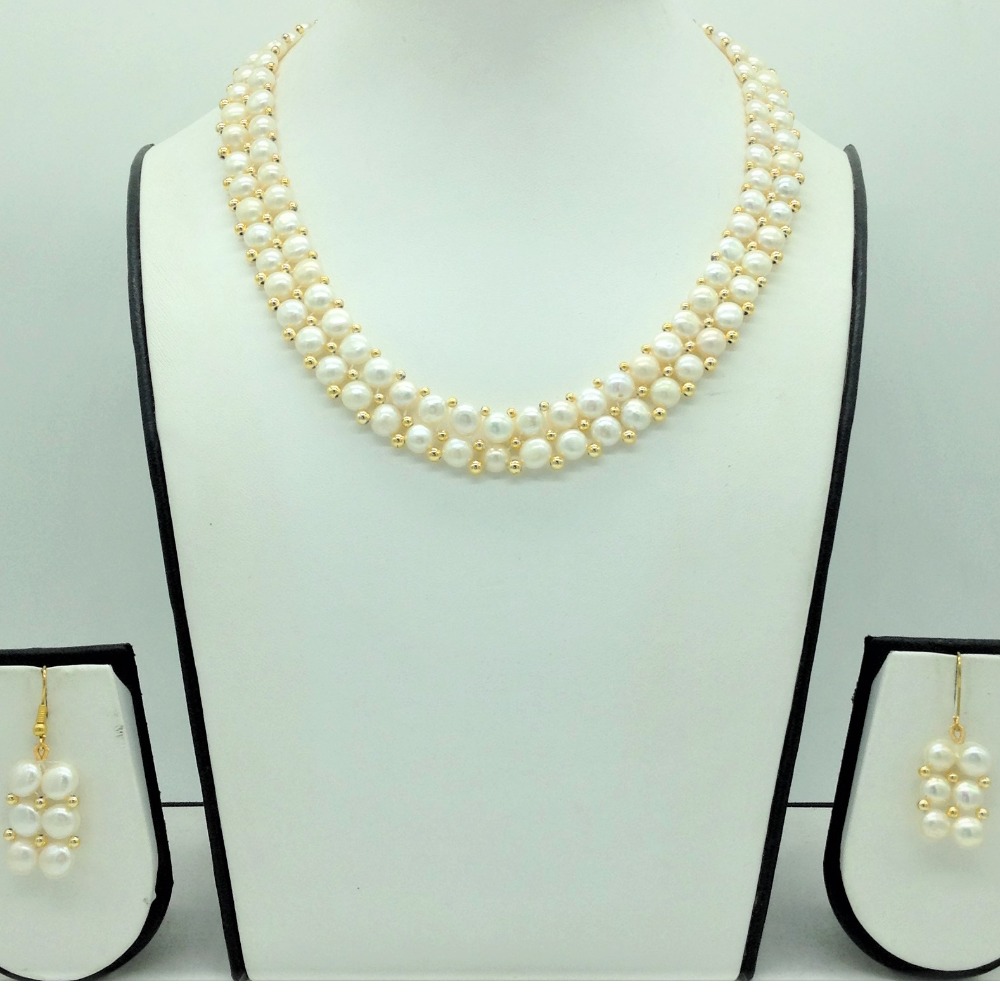 Freshwater white button pearls 2 lines necklace set jpp1085