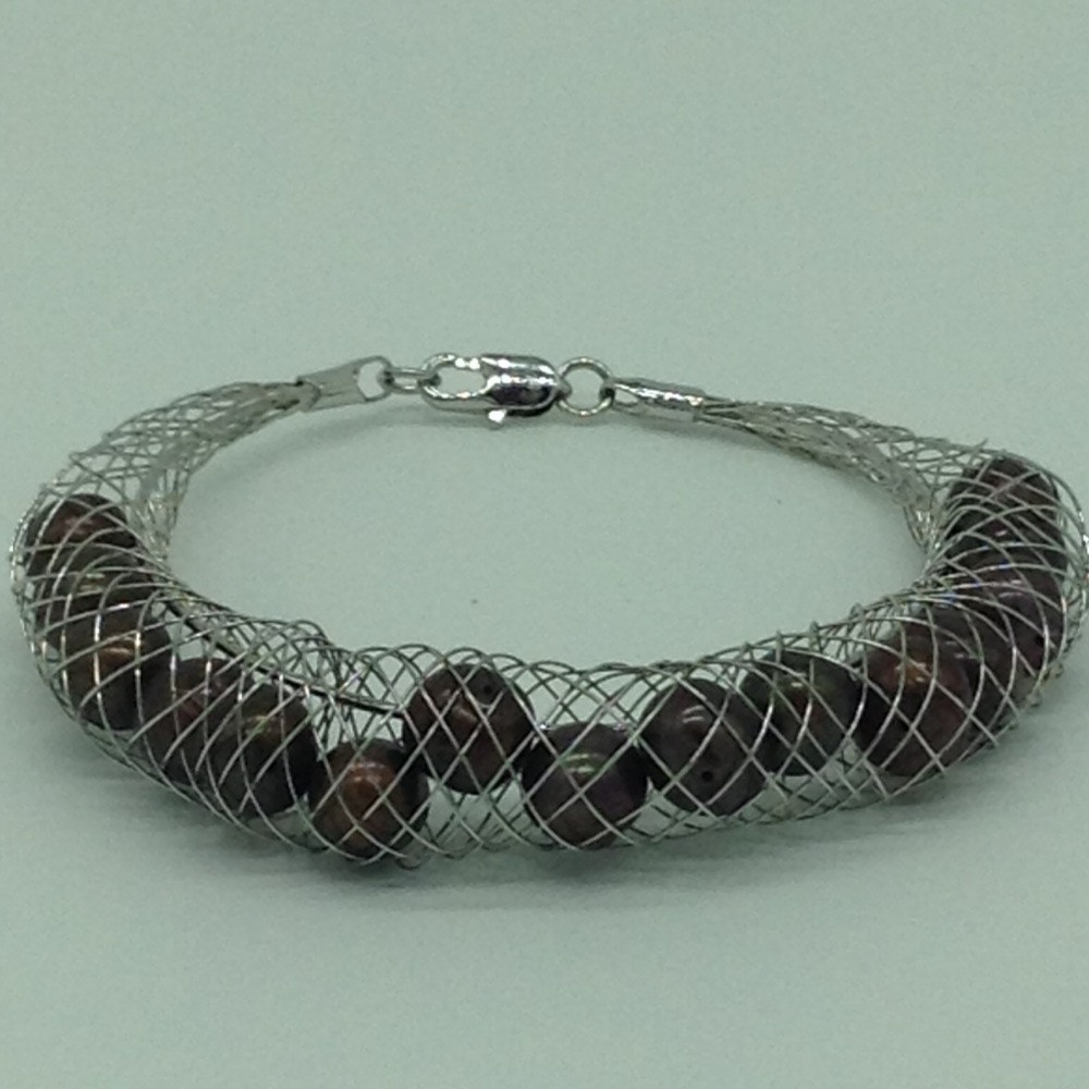 Brown Round Pearls Wire Mesh Bracelet JBG0156