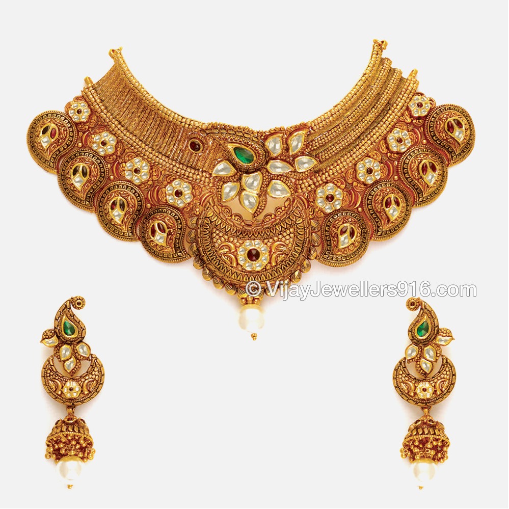 916 Antique Gold Designer Bridal Choker Necklace set