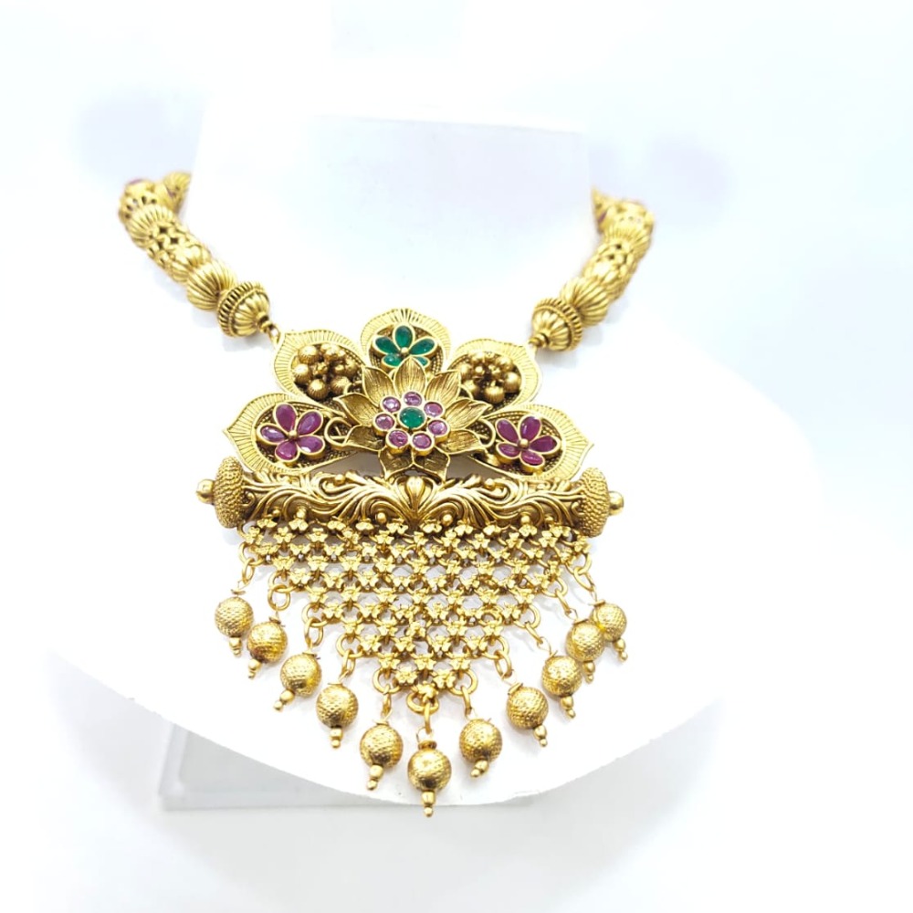Antique Gold plated Flower Design & Hanging Bead Necklace set 1412