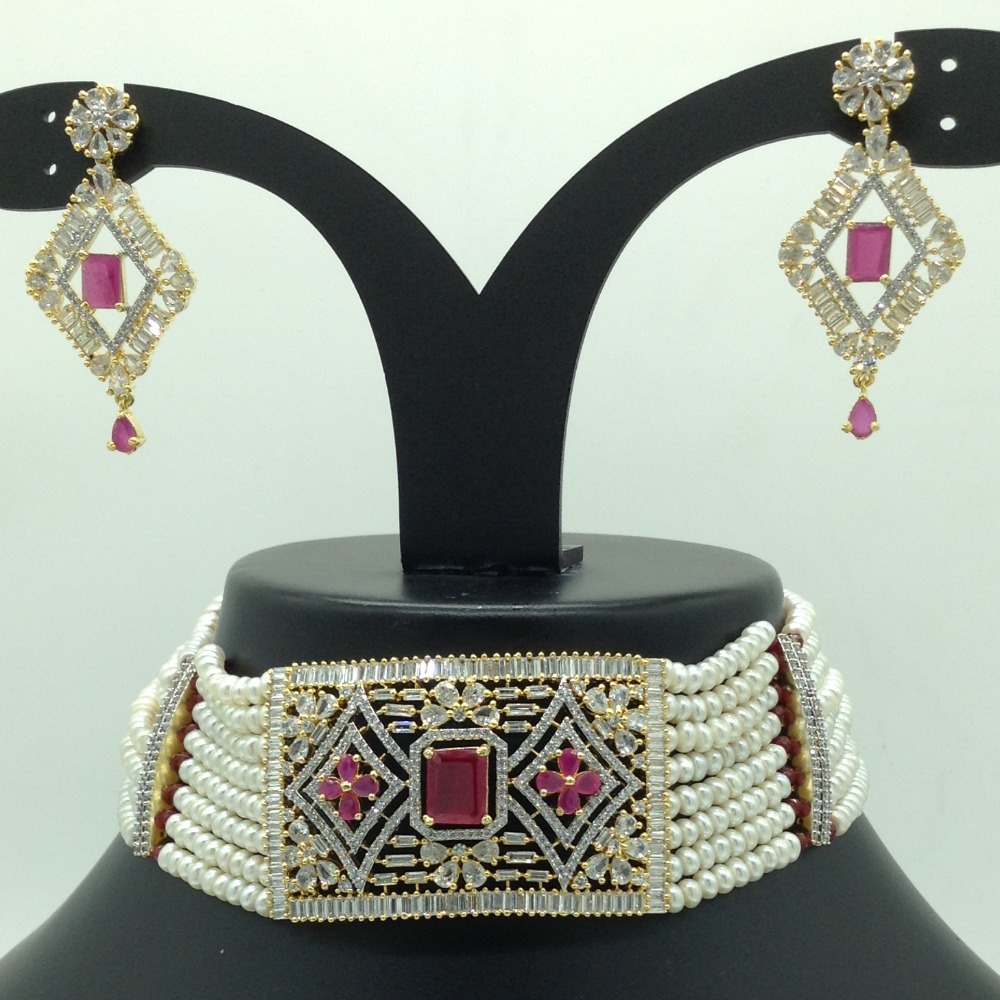 White and Red CZ Choker Set With 8 Line Flat Pearls Mala JPS0651