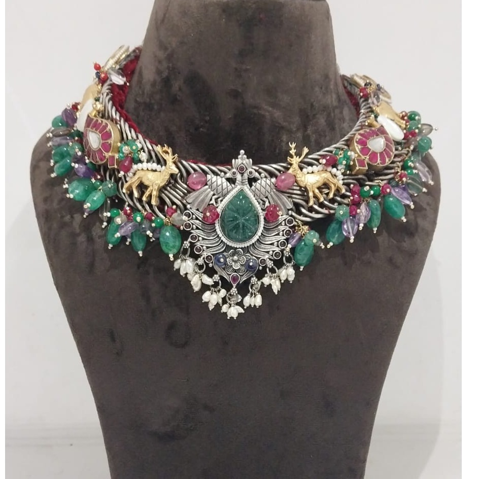 Designer Fusion Silver Necklace with Stylish Motifs