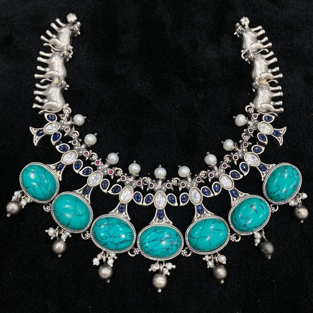 Statement Necklace in Turquoise Gemstones in pure silver by puran