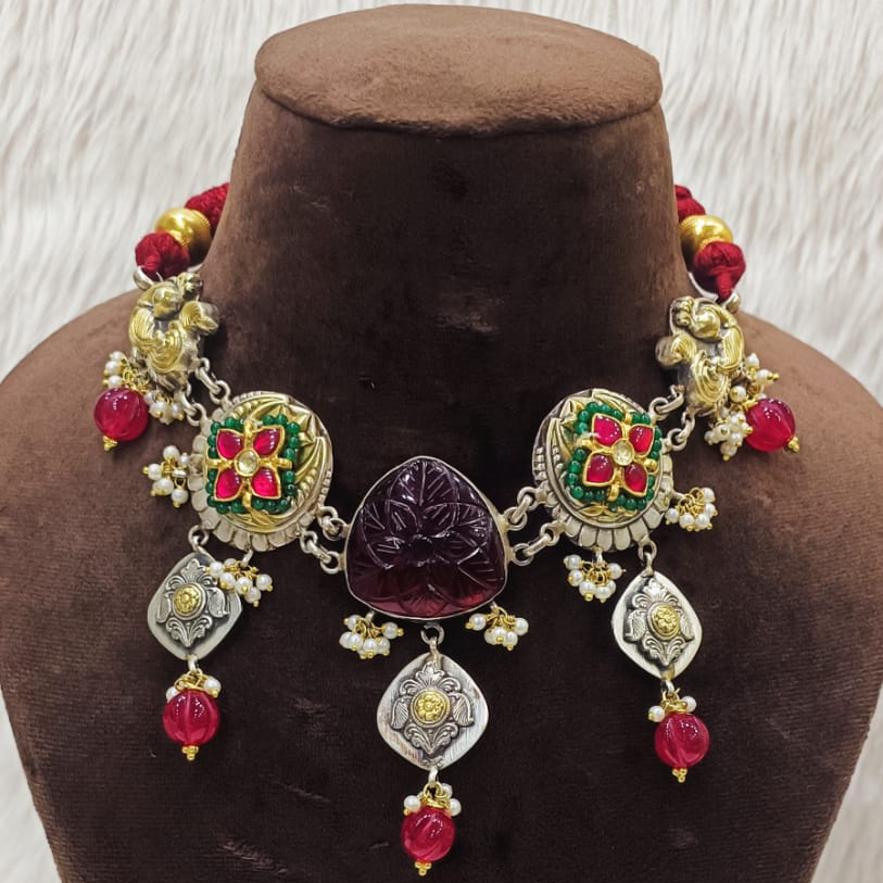 Designer Vintage Silver Nakhra Necklace With Multi Elements