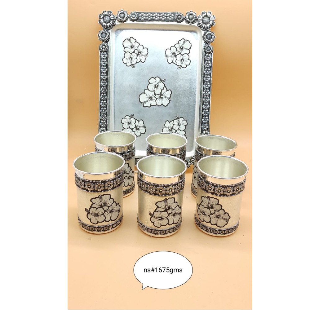 925 Pure Silver Flower Design Glasses And Tray Set