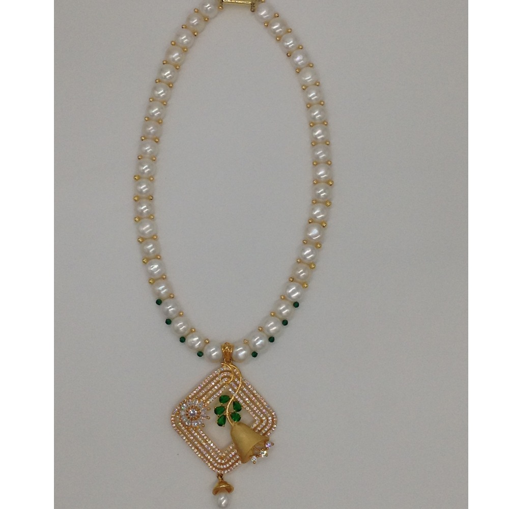White, green cz pendent set with 1 line button pearls jps0415
