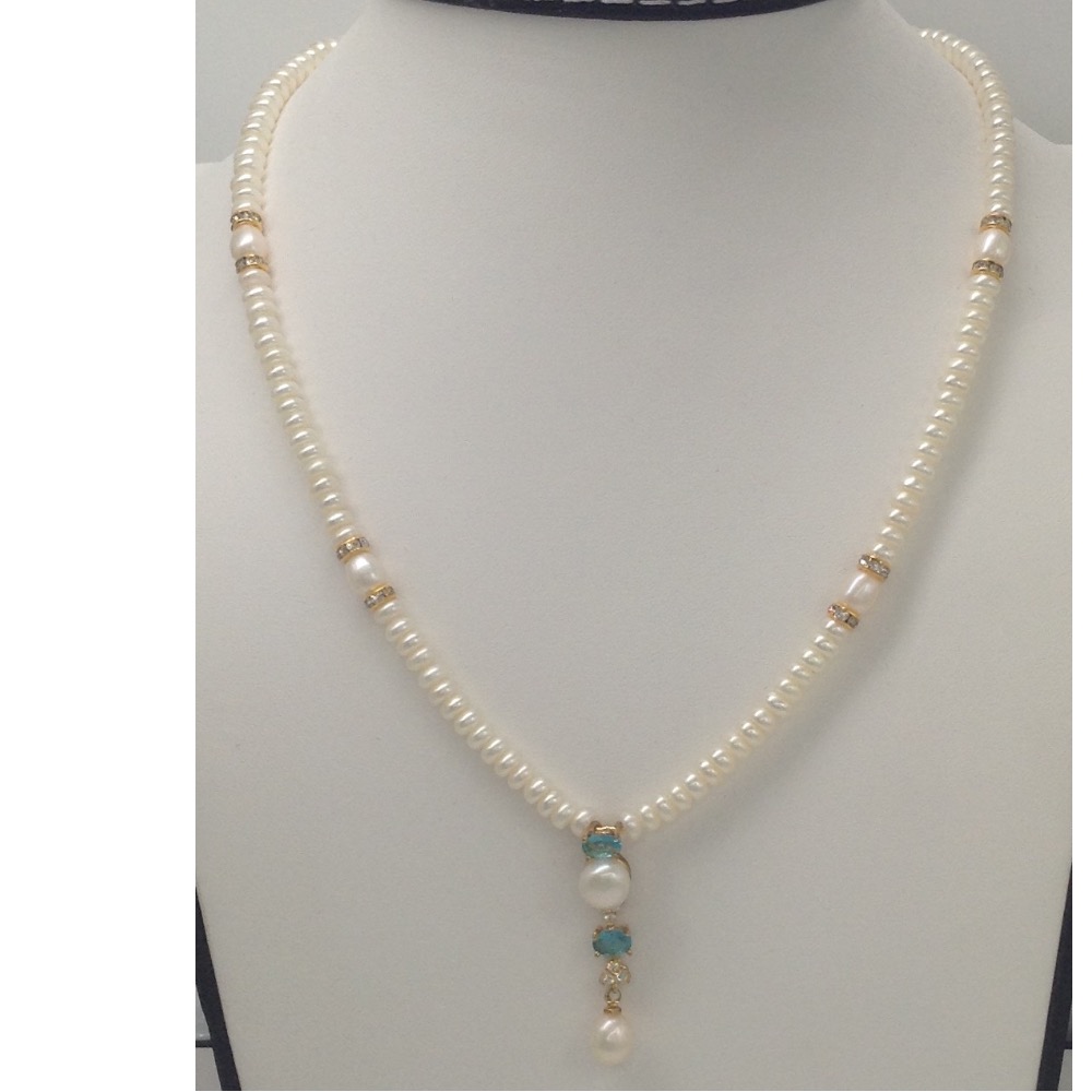 White,Sky Blue CZ And Pearls Pendent Set With Flat Pearls Mala JPS0122