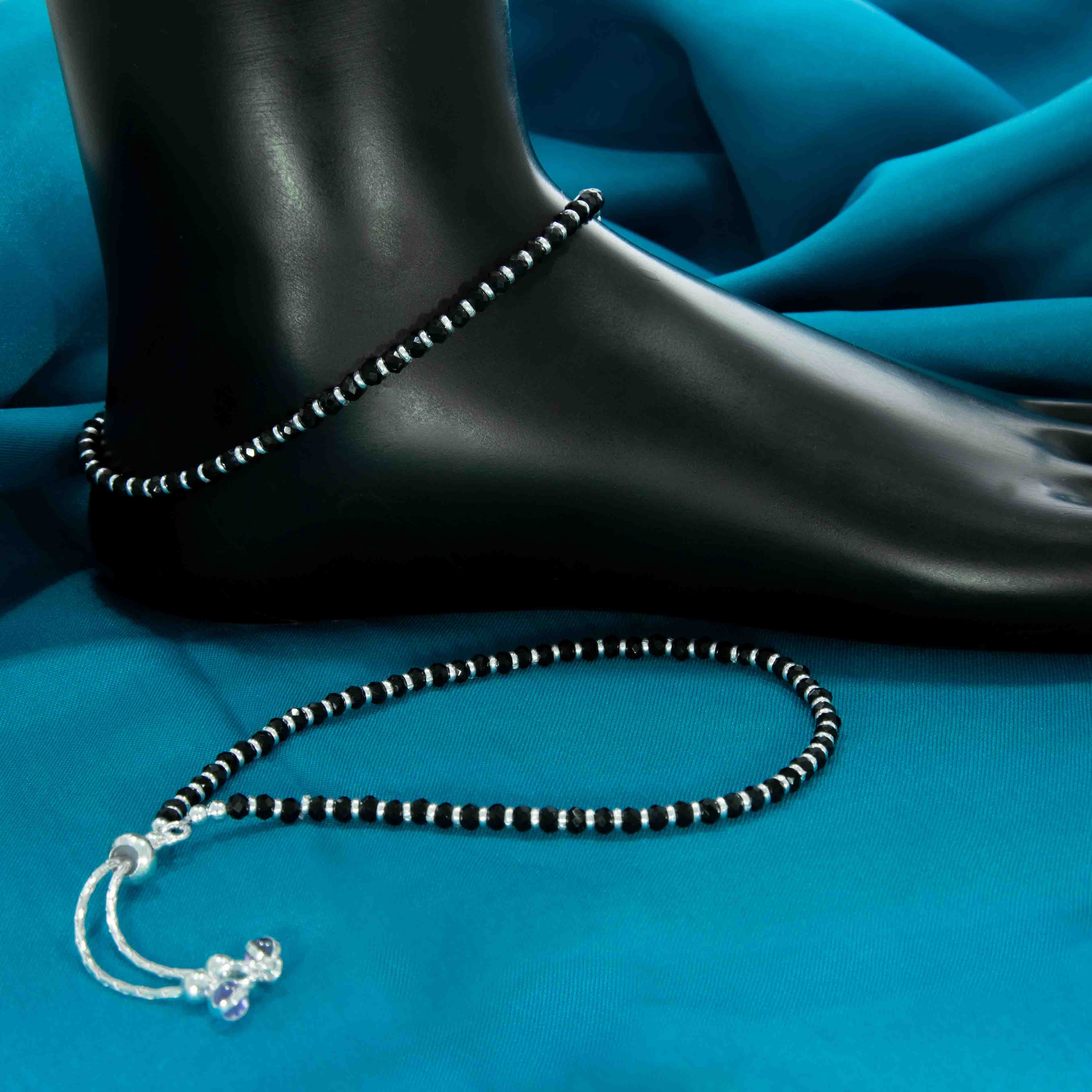 Designer Black Beaded Silver Anklet
