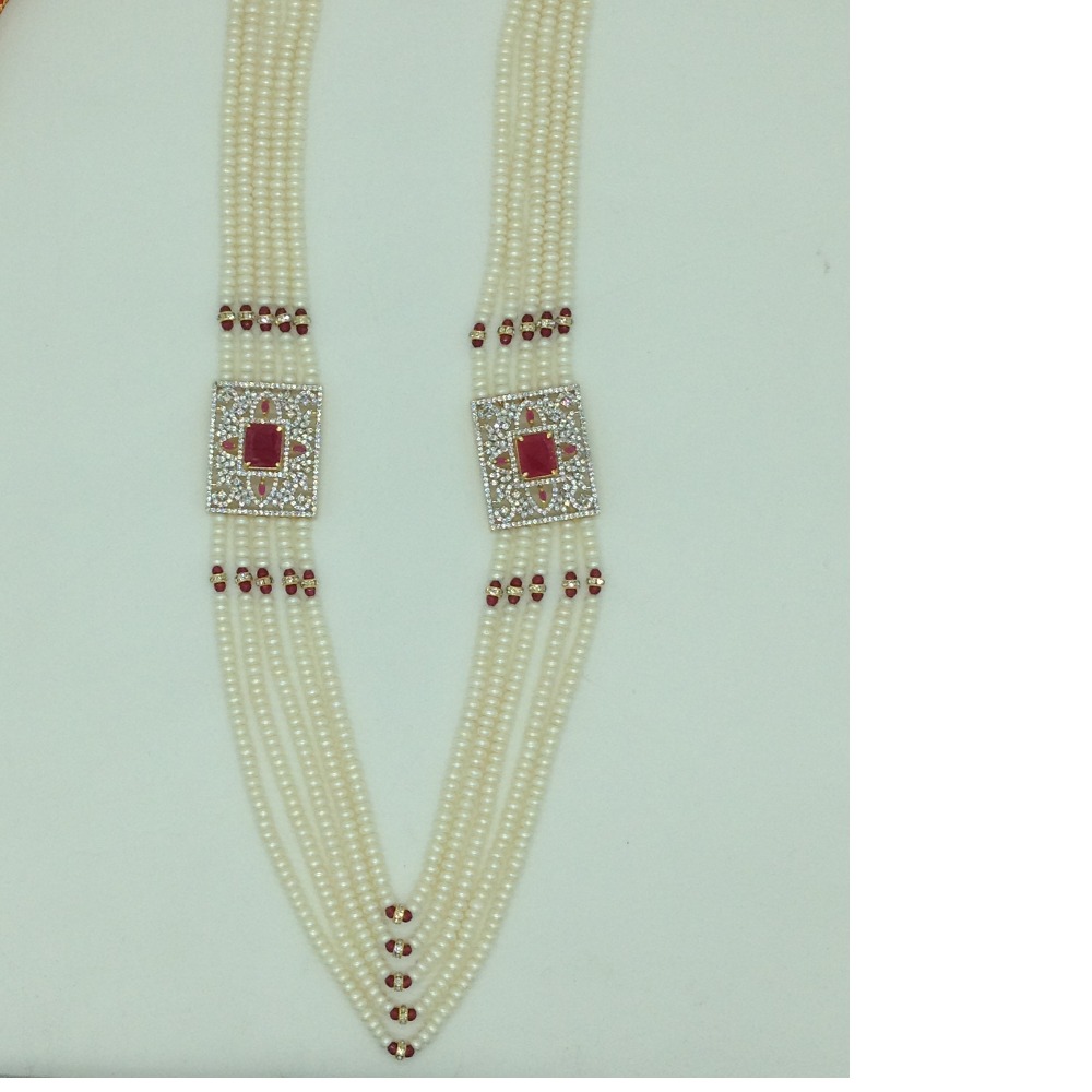 White And Red CZ Brooch Set With 5 Lines Flat Pearls Mala JPS0665