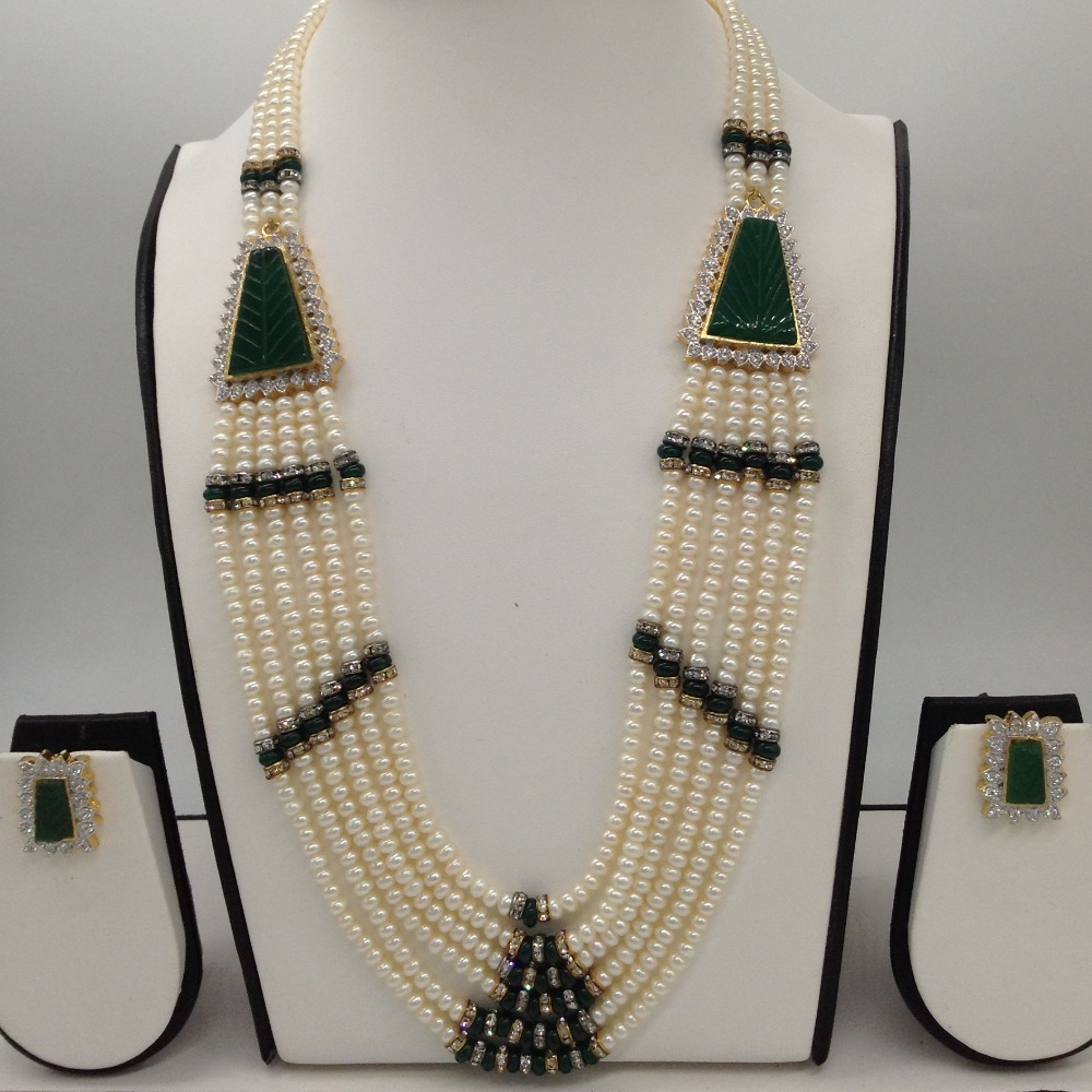 White cz and green semi precious stone broach set with 6 lines flat pearls mala jps0441