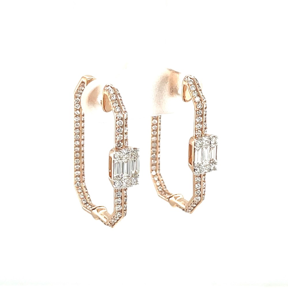 Hexagon Hoop Earring with Baguette and Round Diamond