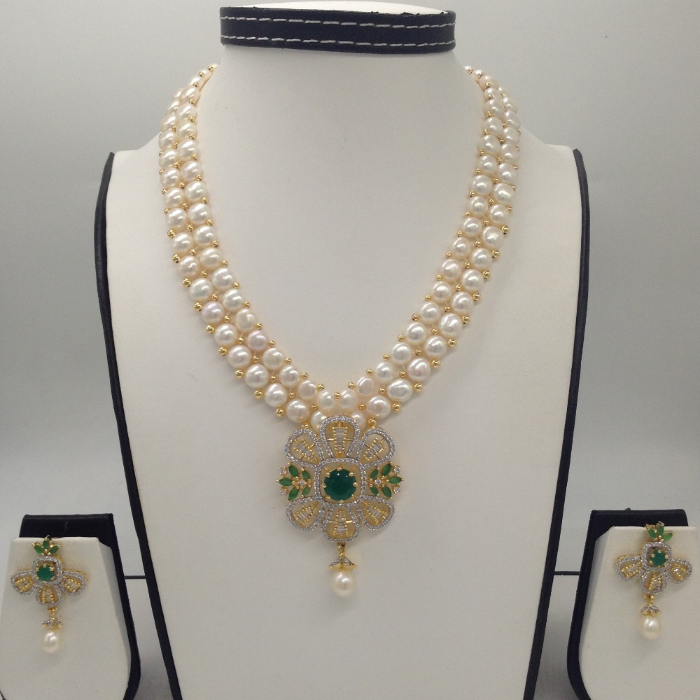 White;green cz pendent set with 2 line button pearls mala jps0261
