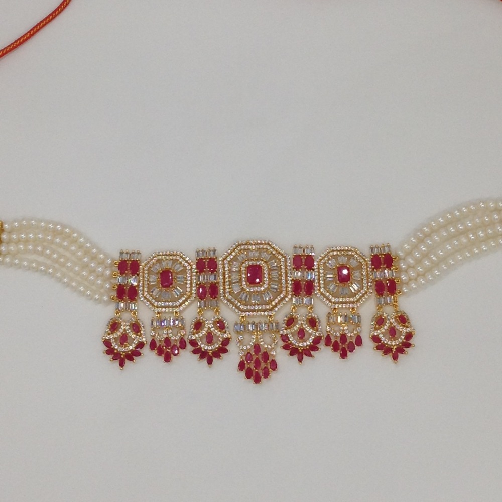 White And Red CZ Choker Set With 4 Line Flat Pearls Mala JPS0526