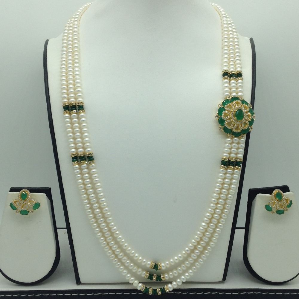 White,green cz broach set with 3 line pearls mala jps0787