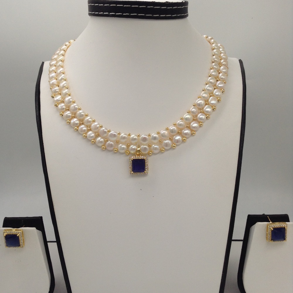 White;blue cz pendent set with 2 line button pearls jps0387