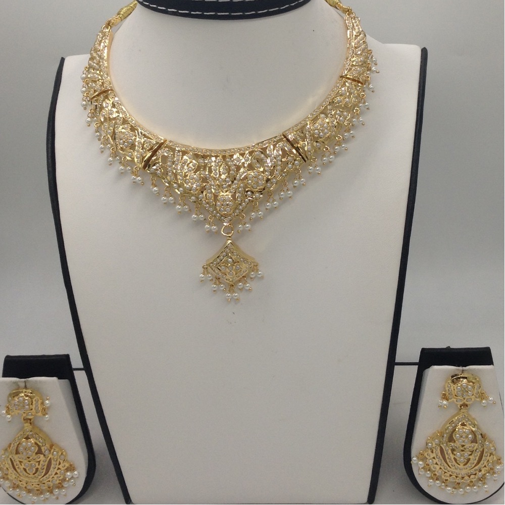 Freshwater white button pearls amritsar necklace set jnc0025