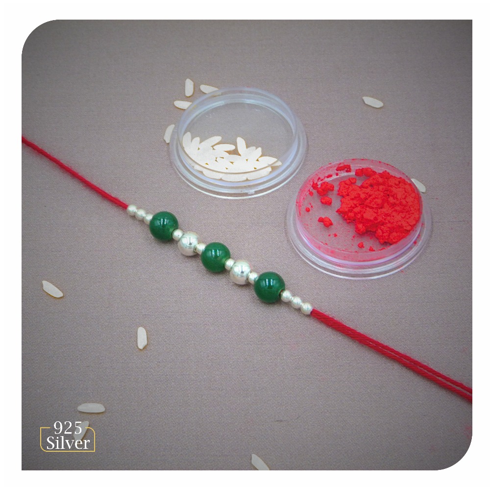 Green beads fancy 925 silver rakhi