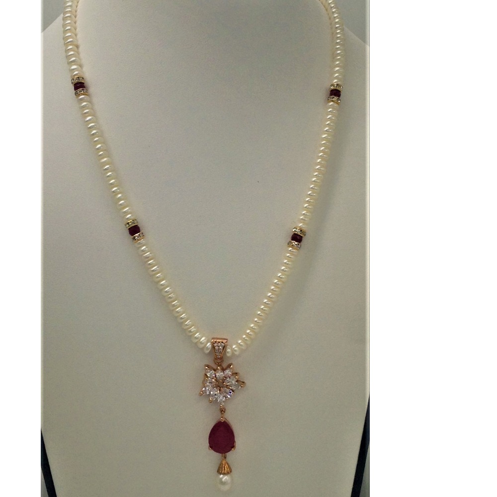 White ,red cz pendent set with flat pearls mala jps0151