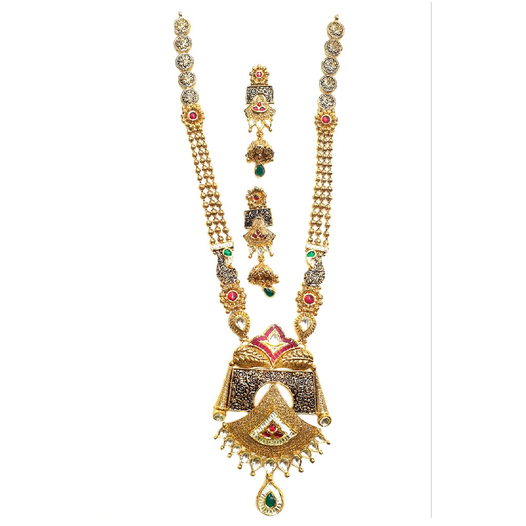 22k Gold Antique Rajwadi Necklace With Jummar Buti MGA - GLS086