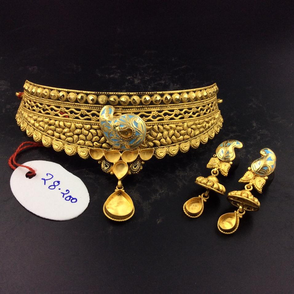 22k gold antique with colour print choker necklace set