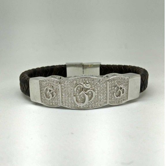 925 sterling silver designer om leather bracelet
