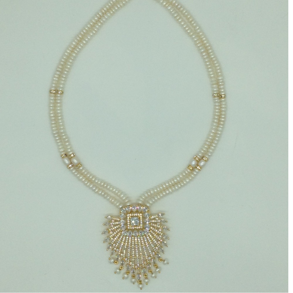 White Cz Pendent Set With 2 Line White Pearls Mala JPS0852
