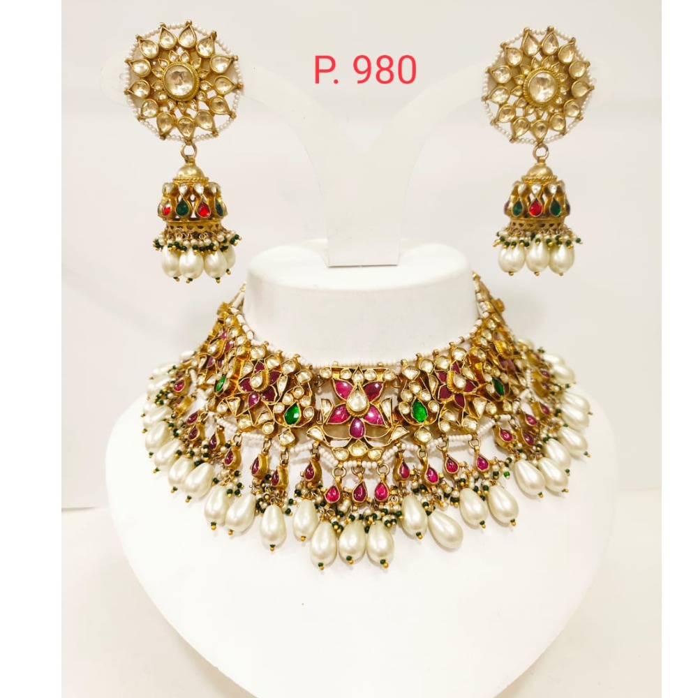 Star and full hand work design with emerald , ruby with white hanging beads 1239