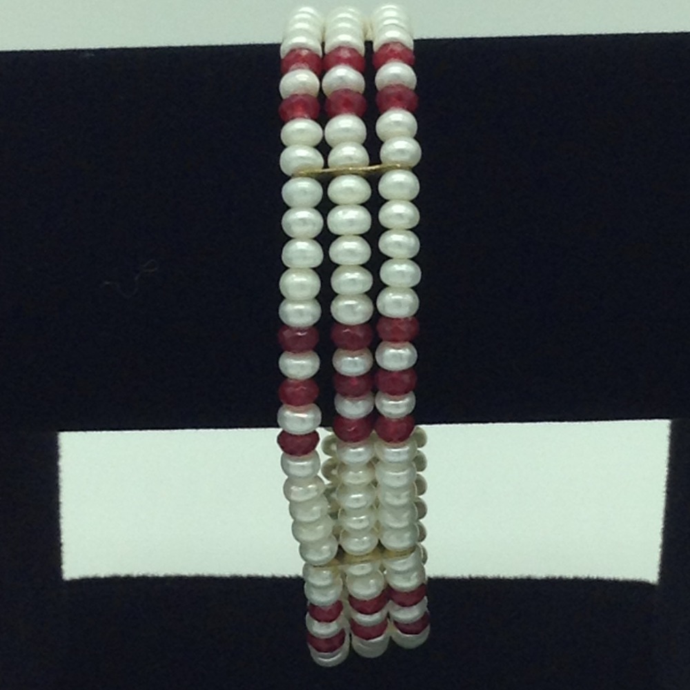 White Flat Pearls And Red Semi 3 Layers Bracelet JBG0115