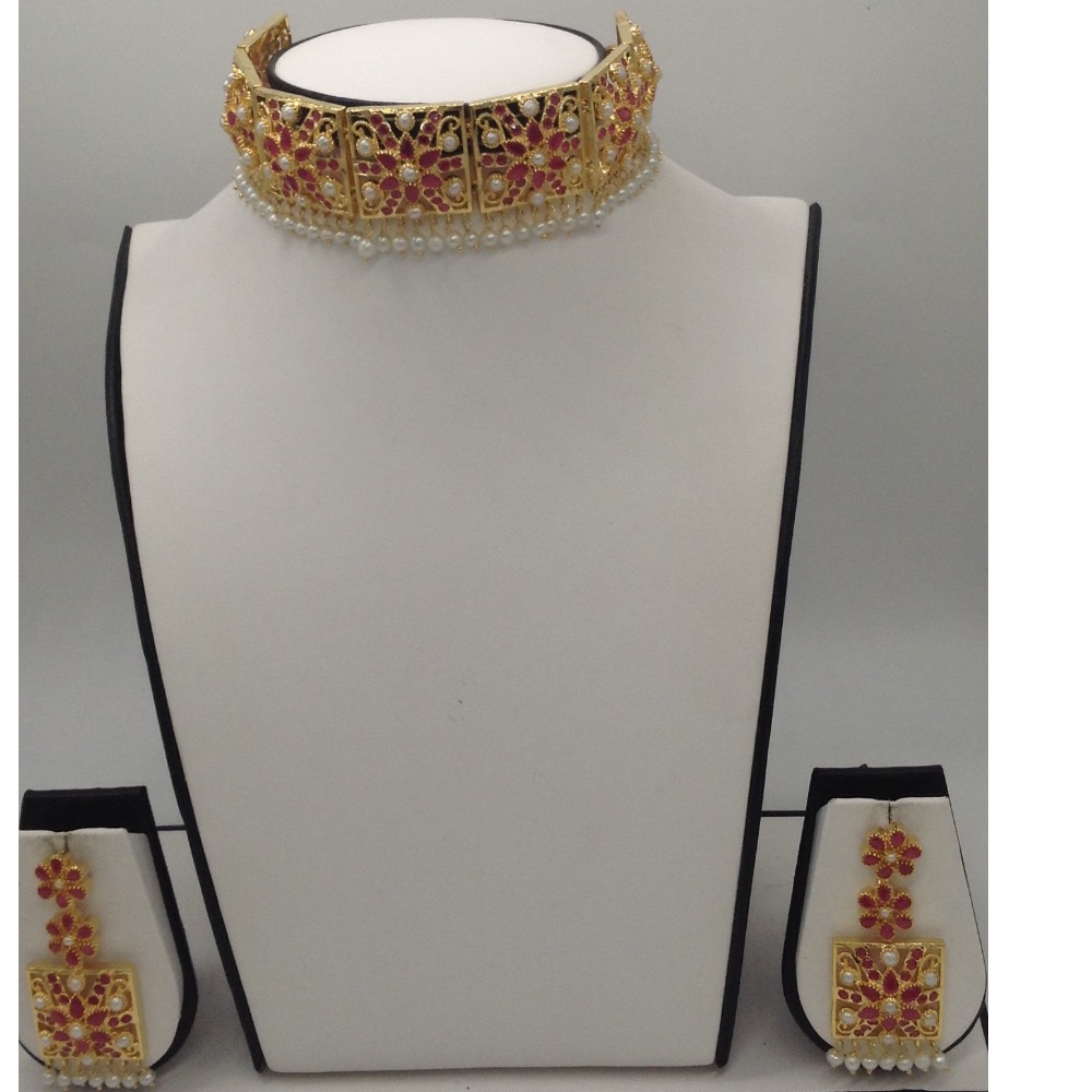Ruby and white button pearls laccha necklace set jnc0033