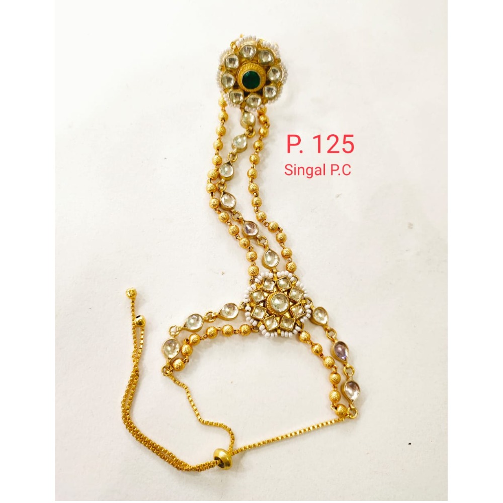 Traditional Gold tone Kundan Pearl Chain Hathphool for Women 1405