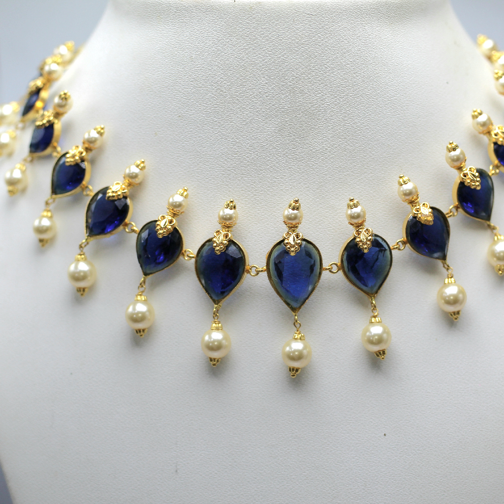 22KT blue stone pearl necklace set