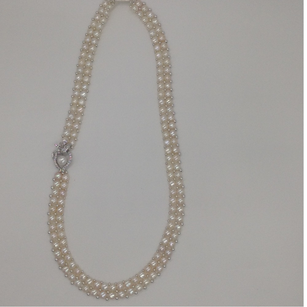 White CZ And Pearls Broach Set With 2 Line Button Jali Pearls Mala JPS0231