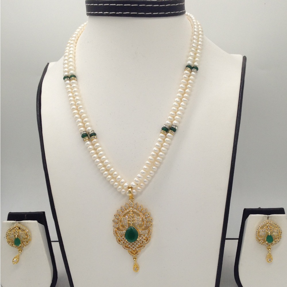 Buy quality White And Green CZ Pendent Set With 2 Line Flat Pearls Mala ...