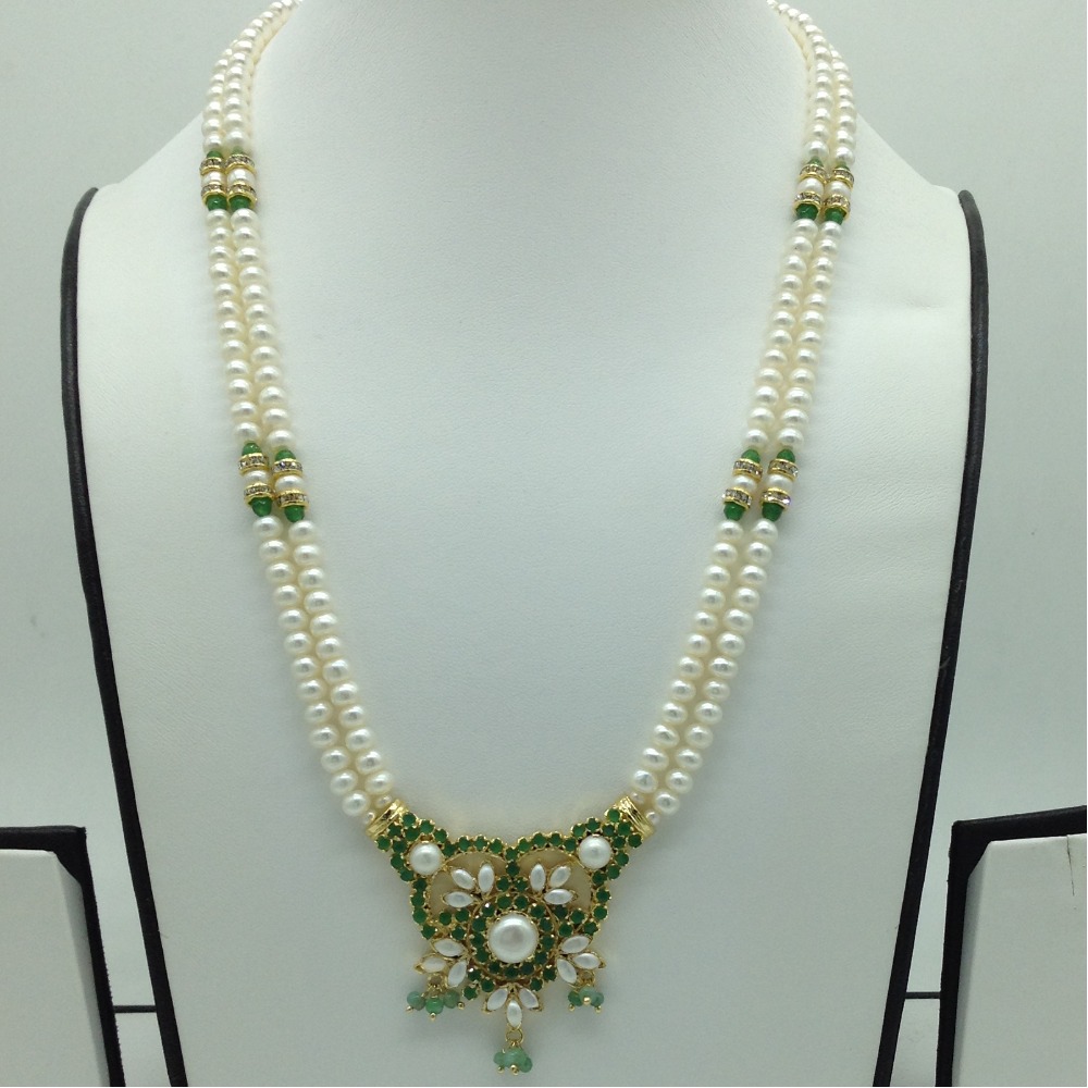 Green Cz Pendent Set With 2 Line Flat Pearls Mala JPS0751