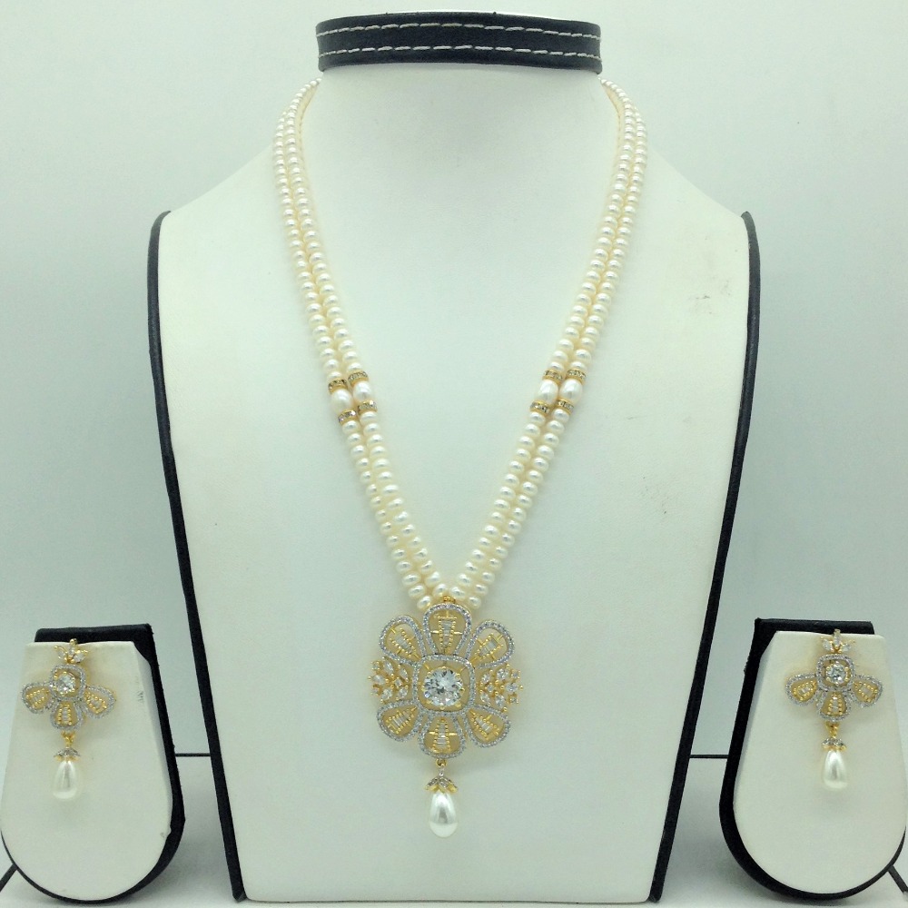White cz pendent set with 2 line flat pearls jps0702