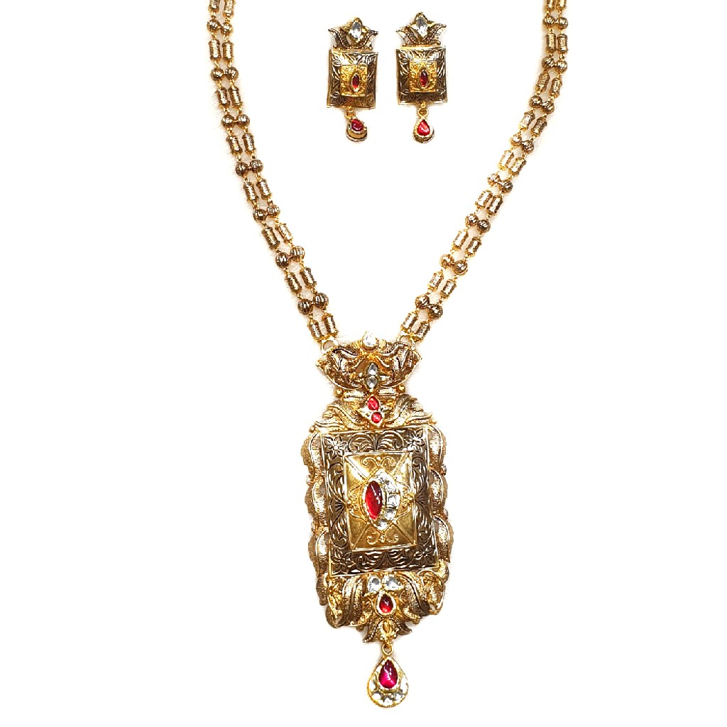 22k Gold Antique Designer Mala Necklace With Earrings MGA - GLS067