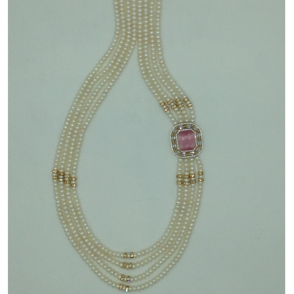 White,Pink CZ Broach Set With 4 Line Pearls Mala JPS0798