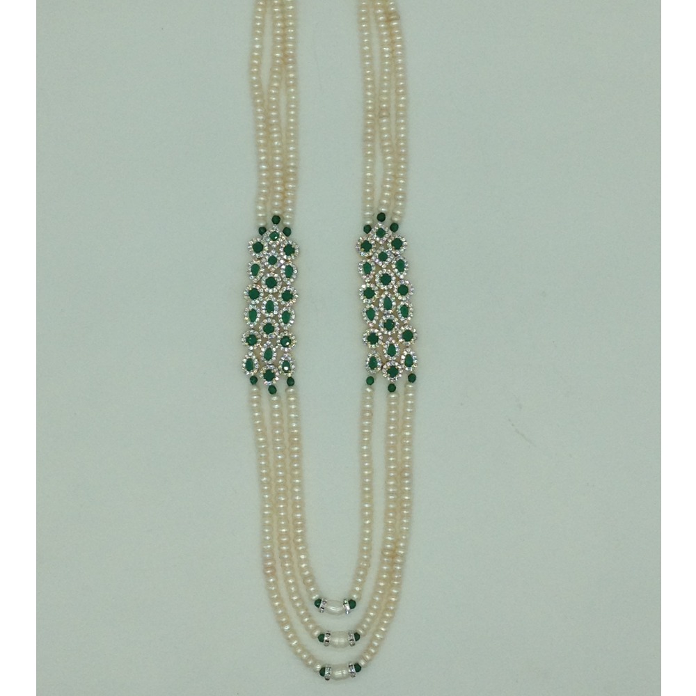 White And Green CZ Brooch Set With 3 Lines Flat Pearls Mala JPS0654