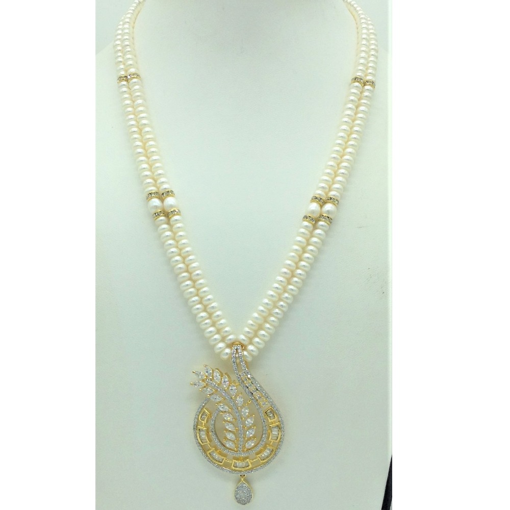 White cz pendent set with 2 line flat pearls mala jps0704