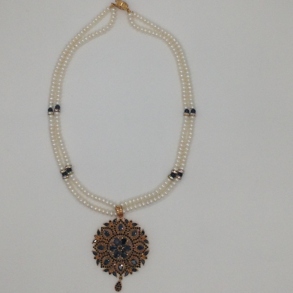 Black cz pendent set with 2 line flat pearls mala jps0321